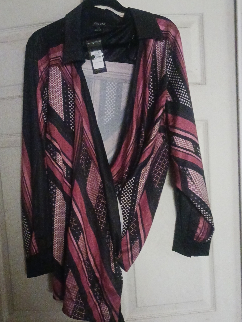 City Chic Black and Pink Draped Geometric Wrap Cardigan